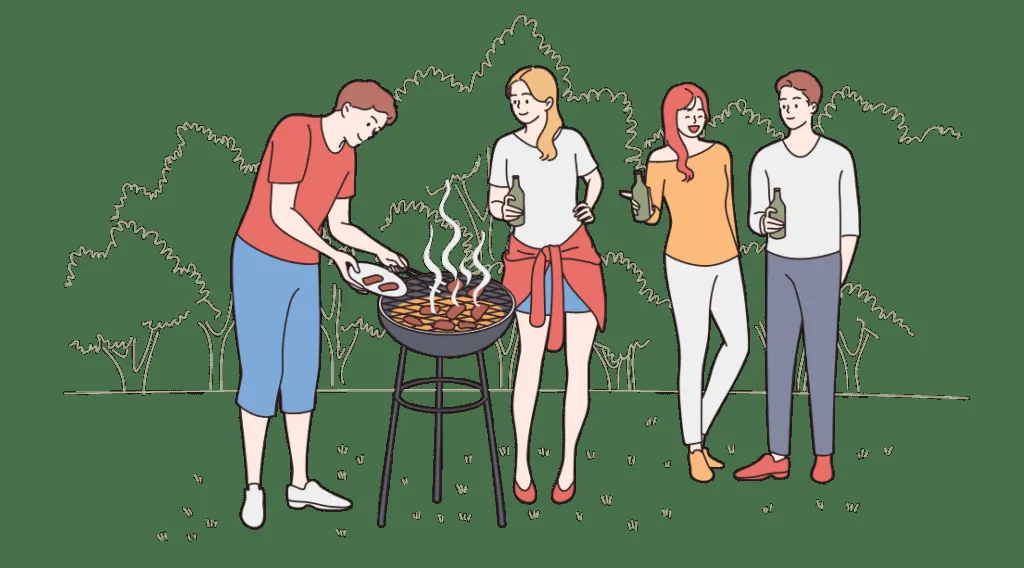 BBQを楽しむ4人のイラスト